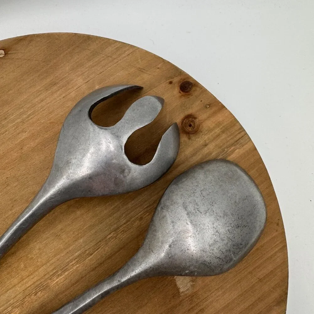 Vintage mid century modern pewter salad serve ware Table setting